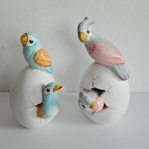 Ceramic Hatching Egg DOUBLE Birds Sculptures signed EJ Mexican Folk Art (2)